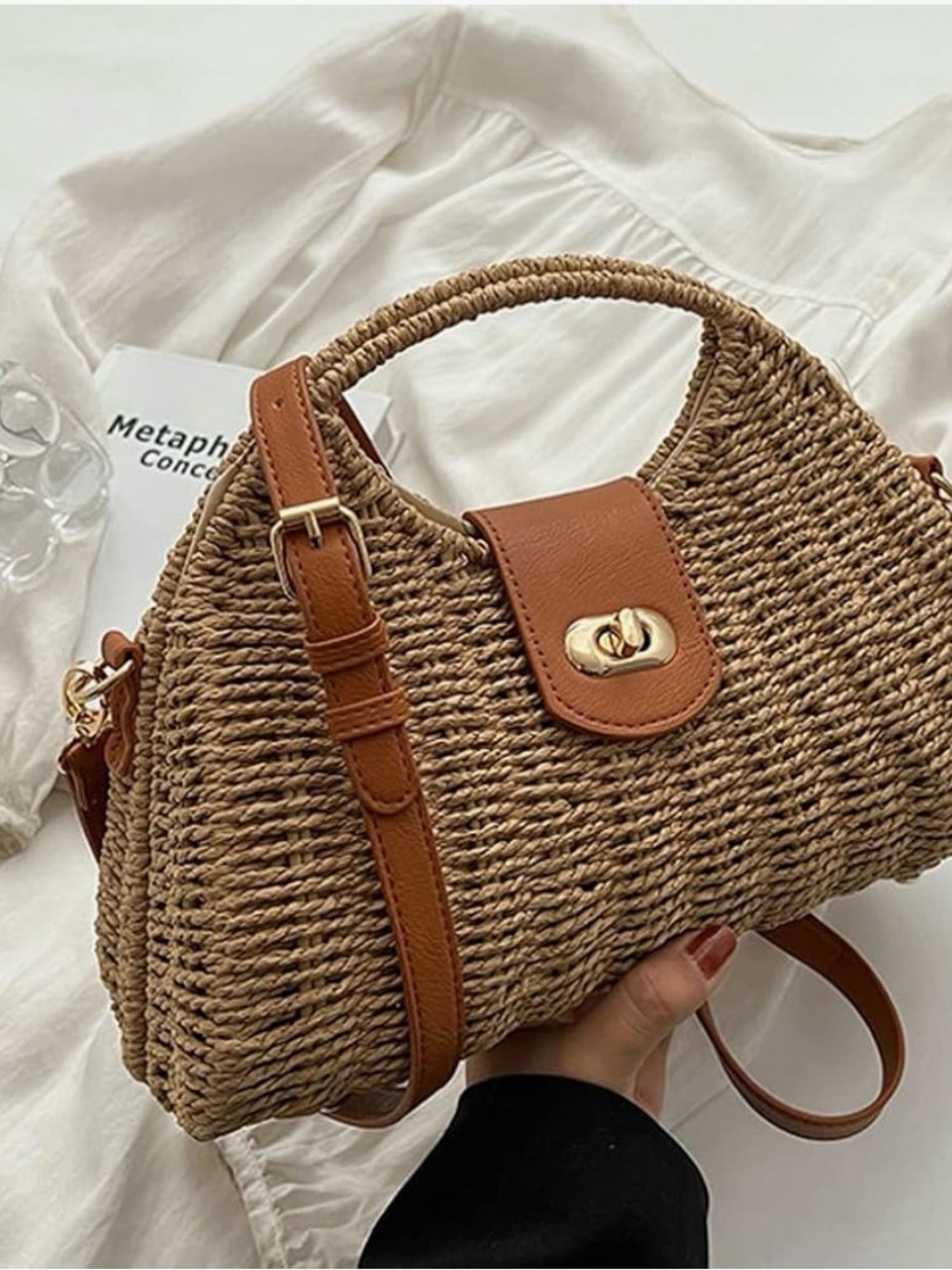 Woven Straw Top-Handle Crossbody Bag - Picture 2 of 7
